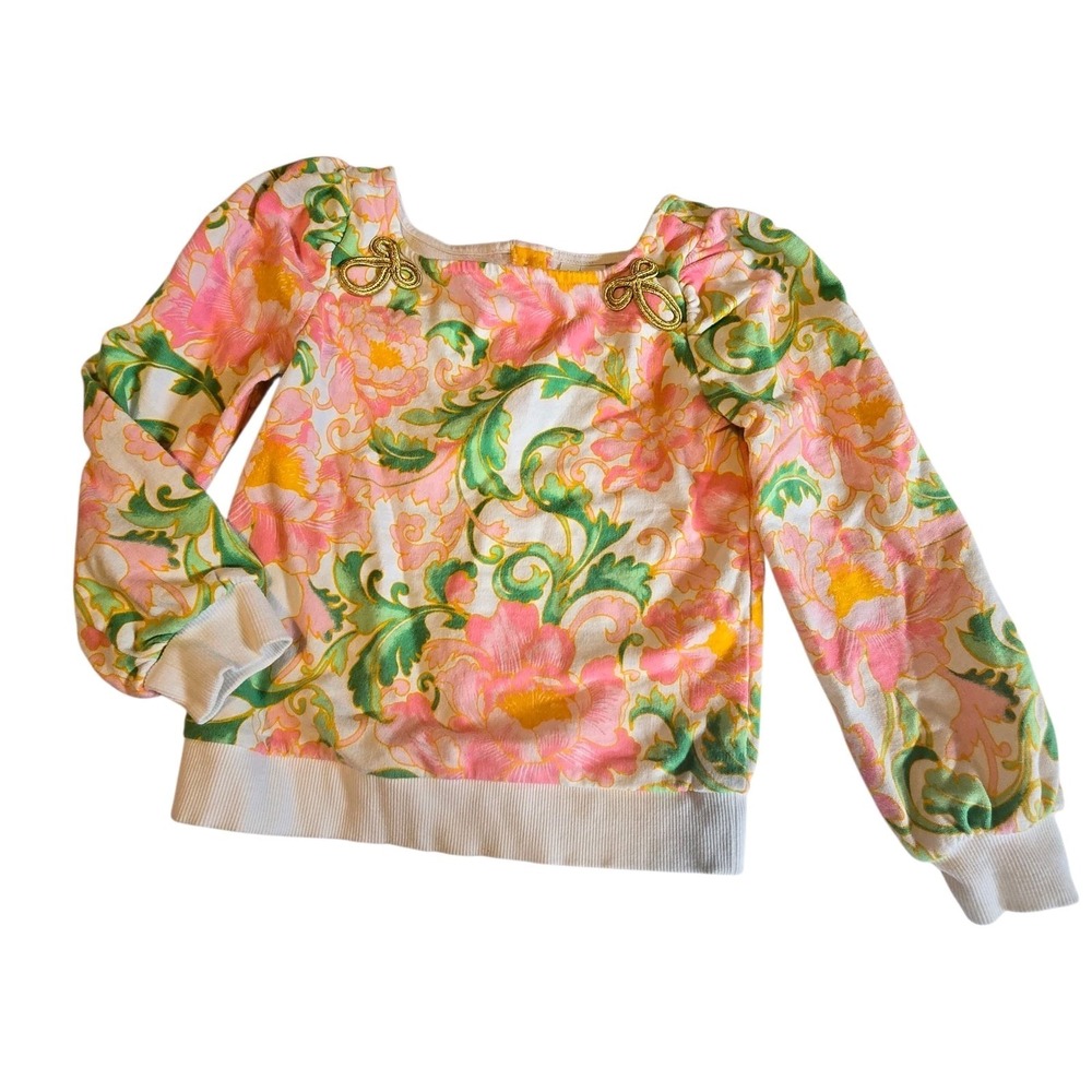 Janie & Jack Lotus Flower Sweatshirt Girl 6-7 Pink Green 100% Cotton Long Sleeve
